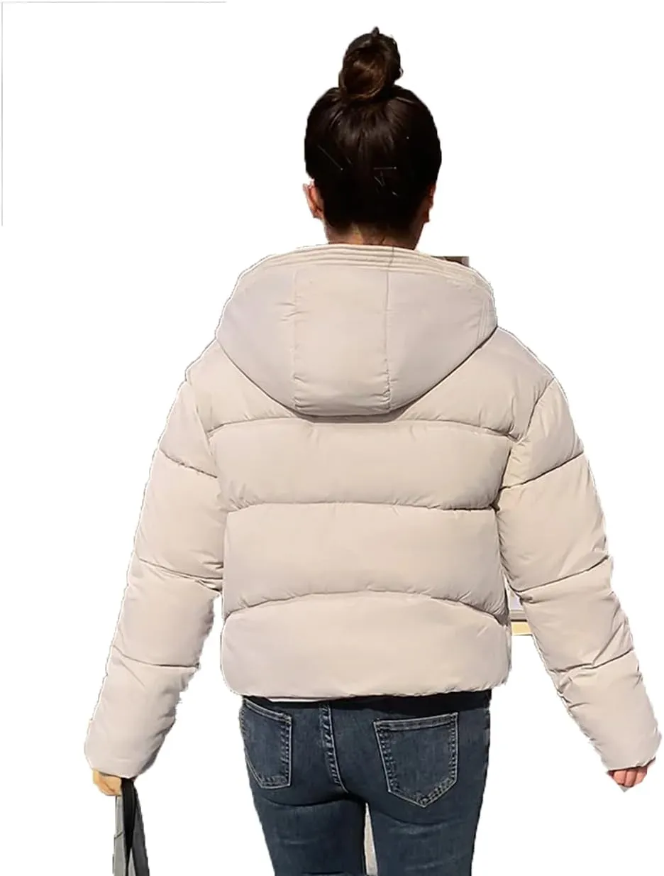 Adhdyuud Women Hooded Short Cotton Padded Coat Winter Warm Solid Casual Zipper Outwear
