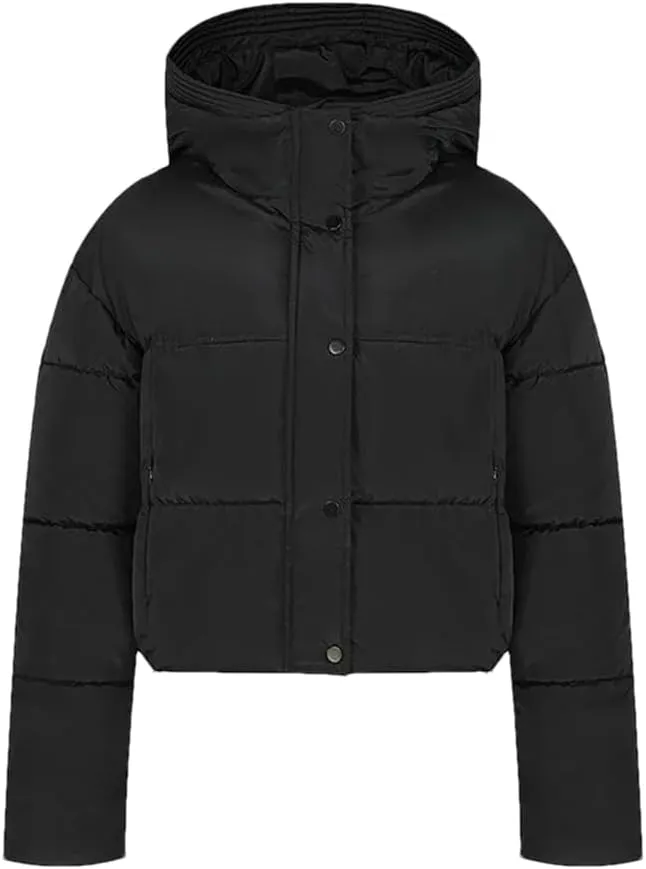 Adhdyuud Women Hooded Short Cotton Padded Coat Winter Warm Solid Casual Zipper Outwear