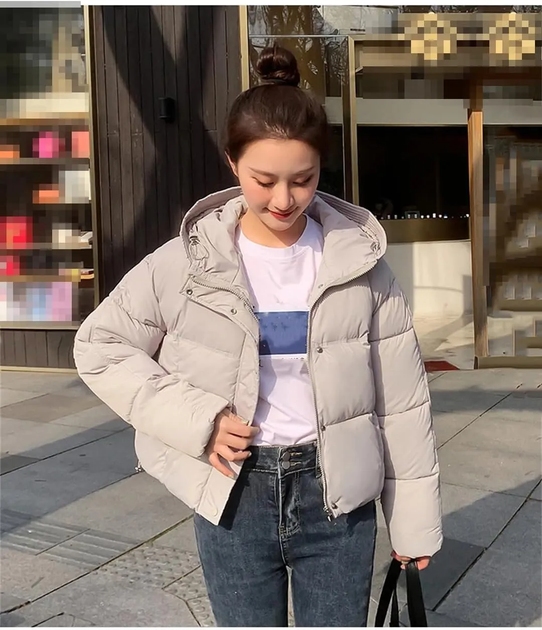Adhdyuud Women Hooded Short Cotton Padded Coat Winter Warm Solid Casual Zipper Outwear