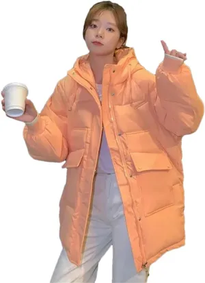 Adhdyuud Womens Solid Cotton Coat Casual Hooded Jacket Long Warm Cotton-Padded Jacket Zipper Outwear