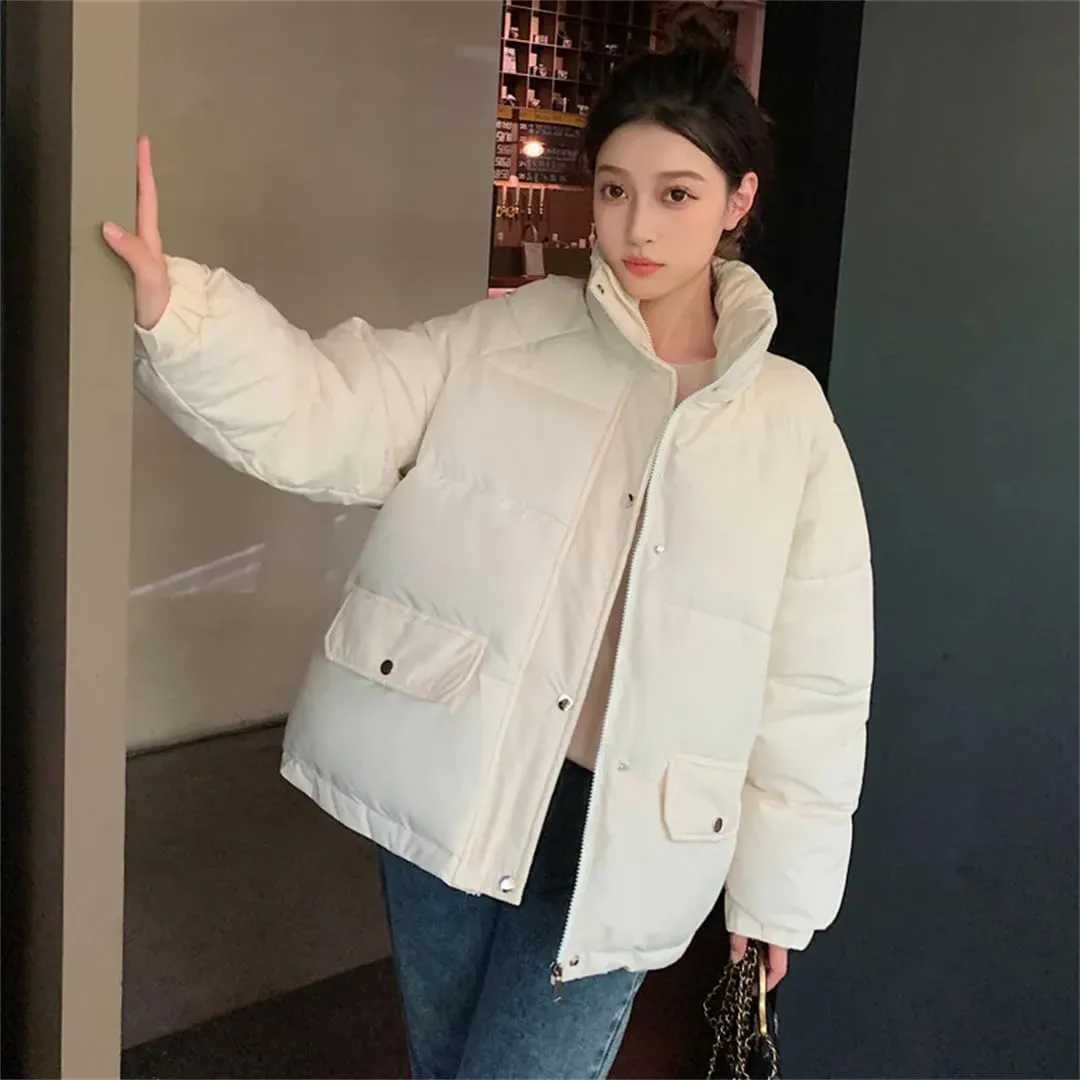 Adhdyuud Womens Solid Stand-Up Collar Zipper Coat With Pocket Casual Winter Warm Cotton Padded Outwear