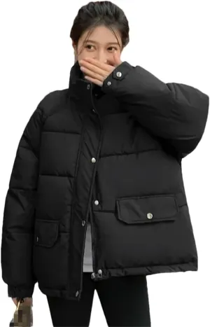 Adhdyuud Womens Solid Stand-Up Collar Zipper Coat With Pocket Casual Winter Warm Cotton Padded Outwear