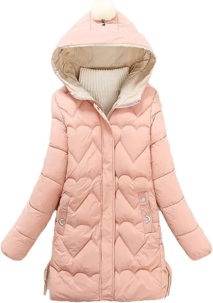 Adhdyuud Womens Solid With Pocket Cotton Padded Coat Casual Hooded Zipper Warm Jacket Winter