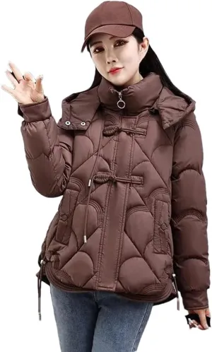 Adhdyuud Womens Solid Zippers Hooded Cotton Padded Coat Loose Casual Hooded Thicken Warm Outwear