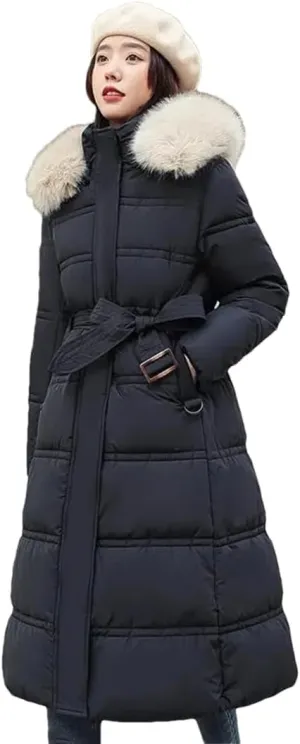 Adhdyuud Womens With Pocket Long Winter Jacket Solid Hooded Zipper Office Cotton Padded Coat