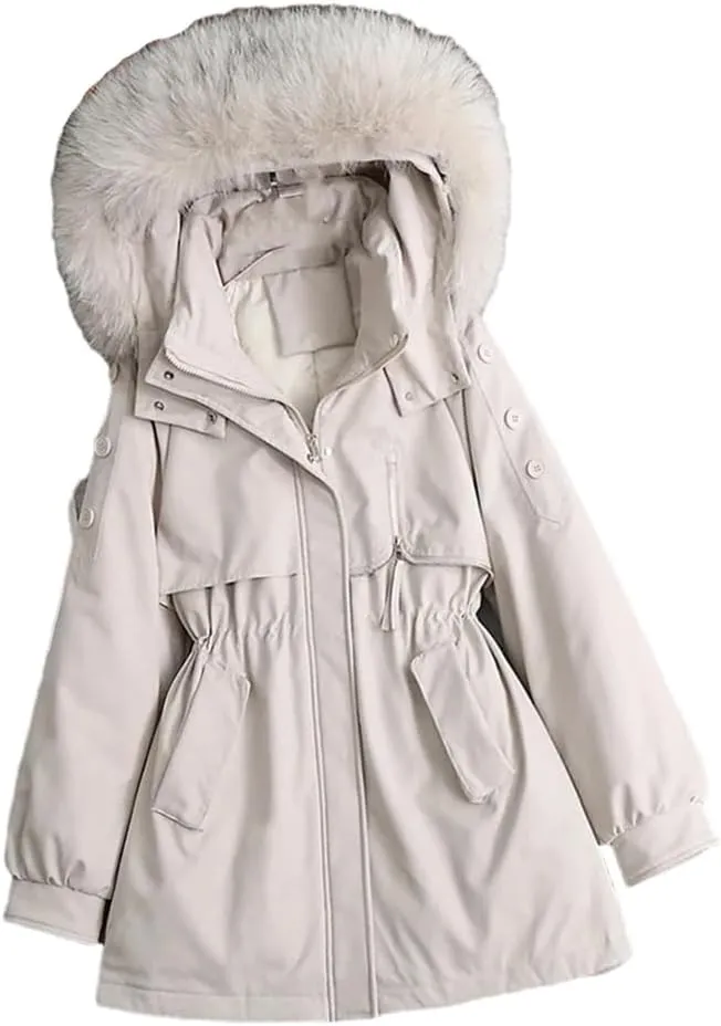 Adhdyuud Womens With Pocket Solid Winter Jacket Casual Hooded Thicken Warm Cotton Padded Coat
