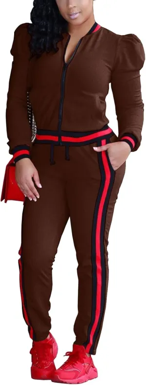 Akmipoem Women's 2 Pieces Outfits Long Sleeve Zipper Jacket and Pants Set Tracksuits