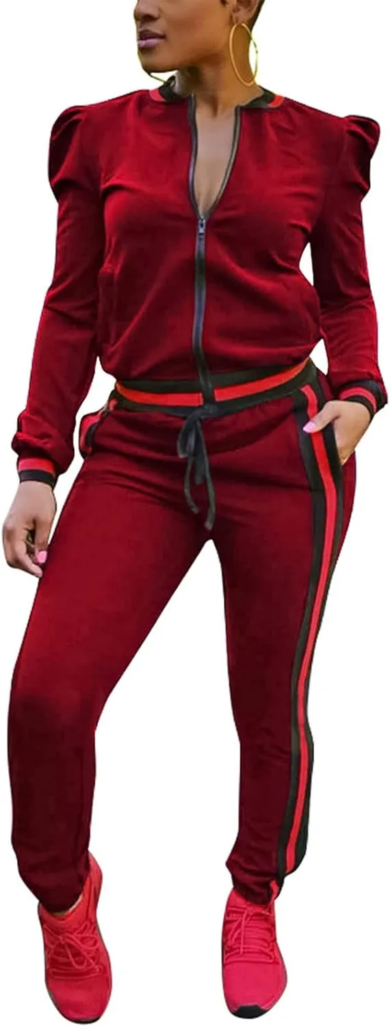 Akmipoem Women's 2 Pieces Outfits Long Sleeve Zipper Jacket and Pants Set Tracksuits