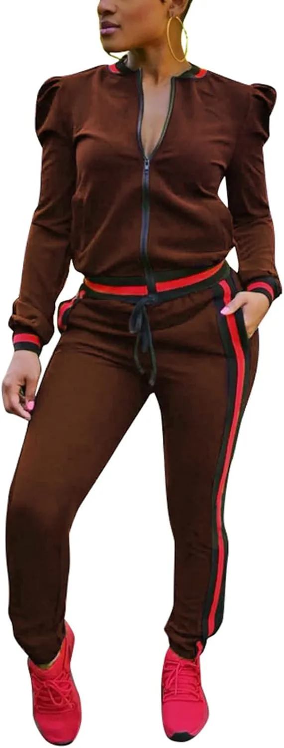 Akmipoem Women's 2 Pieces Outfits Long Sleeve Zipper Jacket and Pants Set Tracksuits