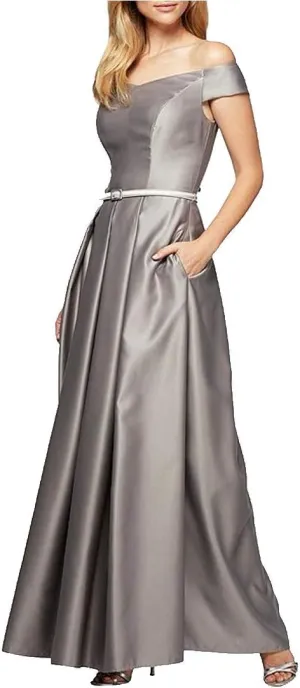 Alex Evenings Women's Off The Shoulder Ballgown with Structured Belt Dress