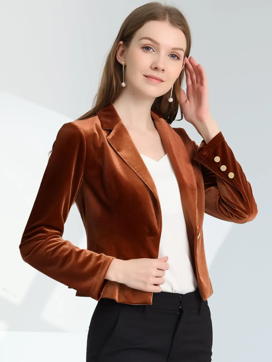 Allegra K Women's 1 Button Velvet Blazer Lapel Business Office Christmas Crop Suit Jacket