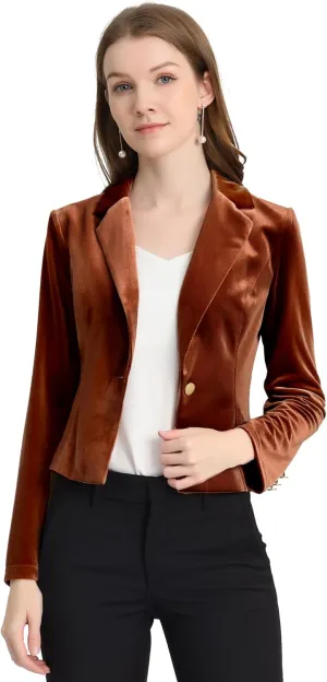 Allegra K Women's 1 Button Velvet Blazer Lapel Business Office Christmas Crop Suit Jacket