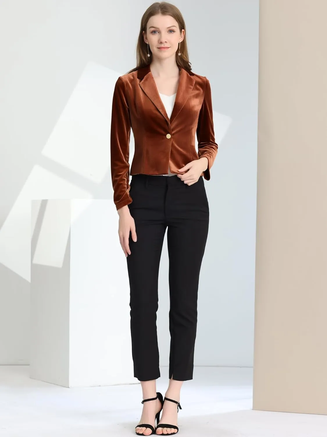 Allegra K Women's 1 Button Velvet Blazer Lapel Business Office Christmas Crop Suit Jacket