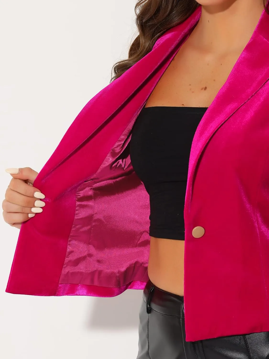 Allegra K Women's 1 Button Velvet Blazer Lapel Business Office Christmas Crop Suit Jacket