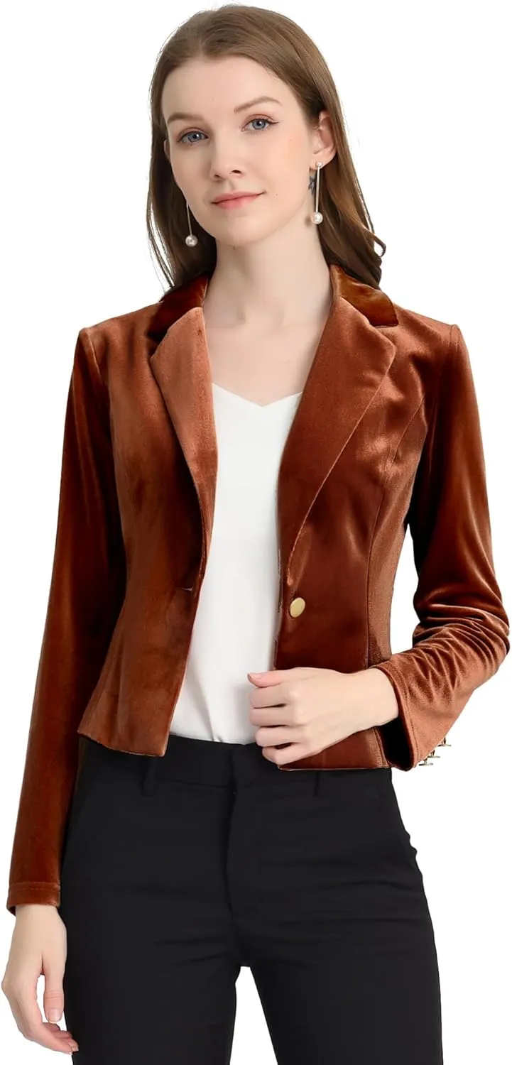 Allegra K Women's 1 Button Velvet Blazer Lapel Business Office Christmas Crop Suit Jacket