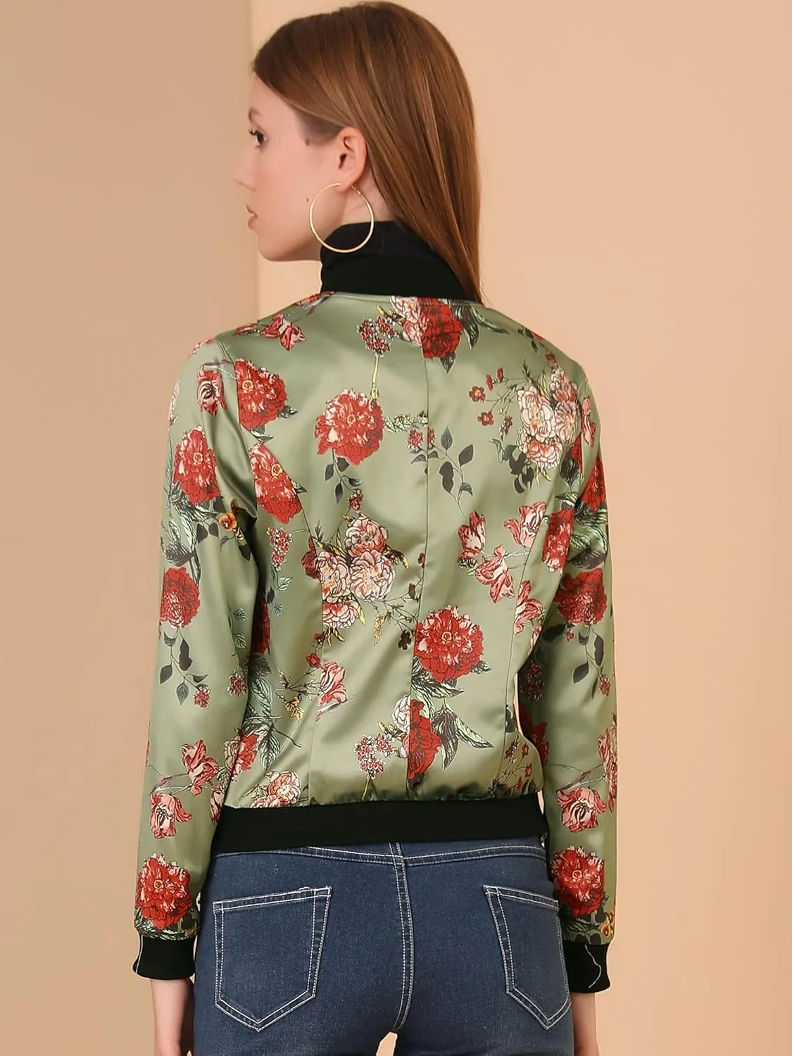 Allegra K Women's Bomber Jacket Long Sleeve Casual Coat Zipper Floral Print Outwear Tops Windbreaker with Pocket