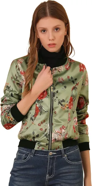 Allegra K Women's Bomber Jacket Long Sleeve Casual Coat Zipper Floral Print Outwear Tops Windbreaker with Pocket