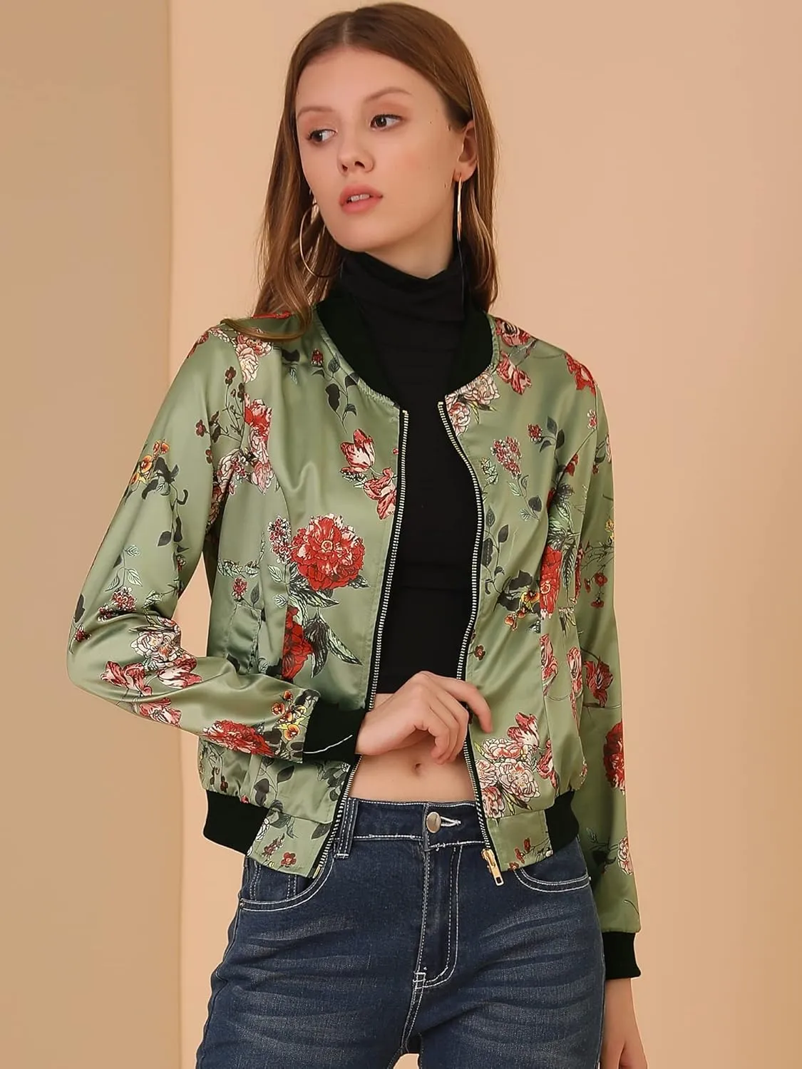 Allegra K Women's Bomber Jacket Long Sleeve Casual Coat Zipper Floral Print Outwear Tops Windbreaker with Pocket