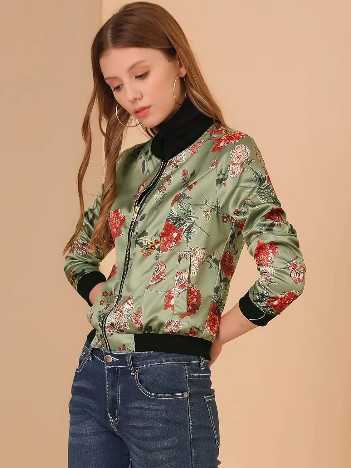 Allegra K Women's Bomber Jacket Long Sleeve Casual Coat Zipper Floral Print Outwear Tops Windbreaker with Pocket