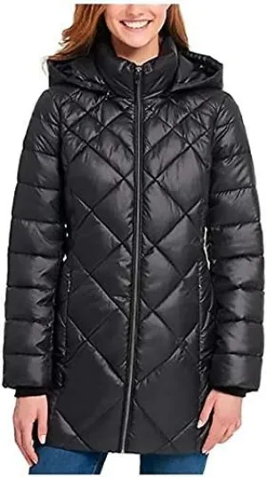 Andrew Marc Women's Long Puffer Jacket with Hood, Black, Small