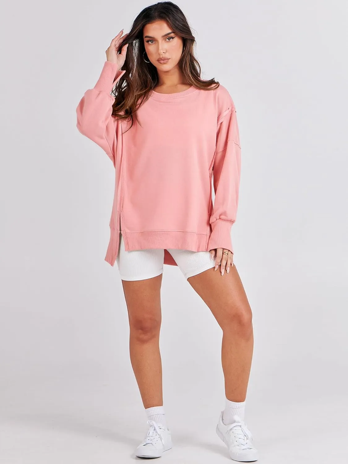ANRABESS Women's Oversized Sweatshirts Crew Neck Long Sleeve Shirts Casual Loose Slit 2025 Fall Clothes