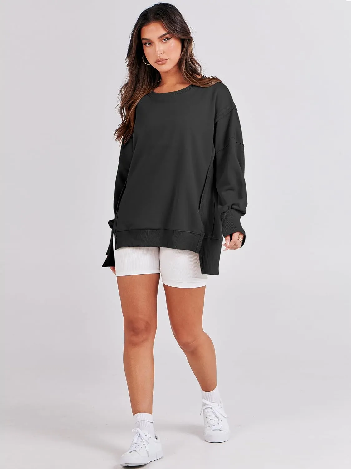 ANRABESS Women's Oversized Sweatshirts Crew Neck Long Sleeve Shirts Casual Loose Slit 2025 Fall Clothes