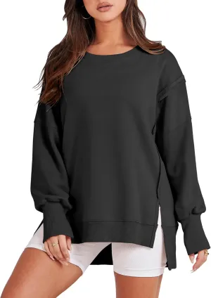 ANRABESS Women's Oversized Sweatshirts Crew Neck Long Sleeve Shirts Casual Loose Slit 2025 Fall Clothes