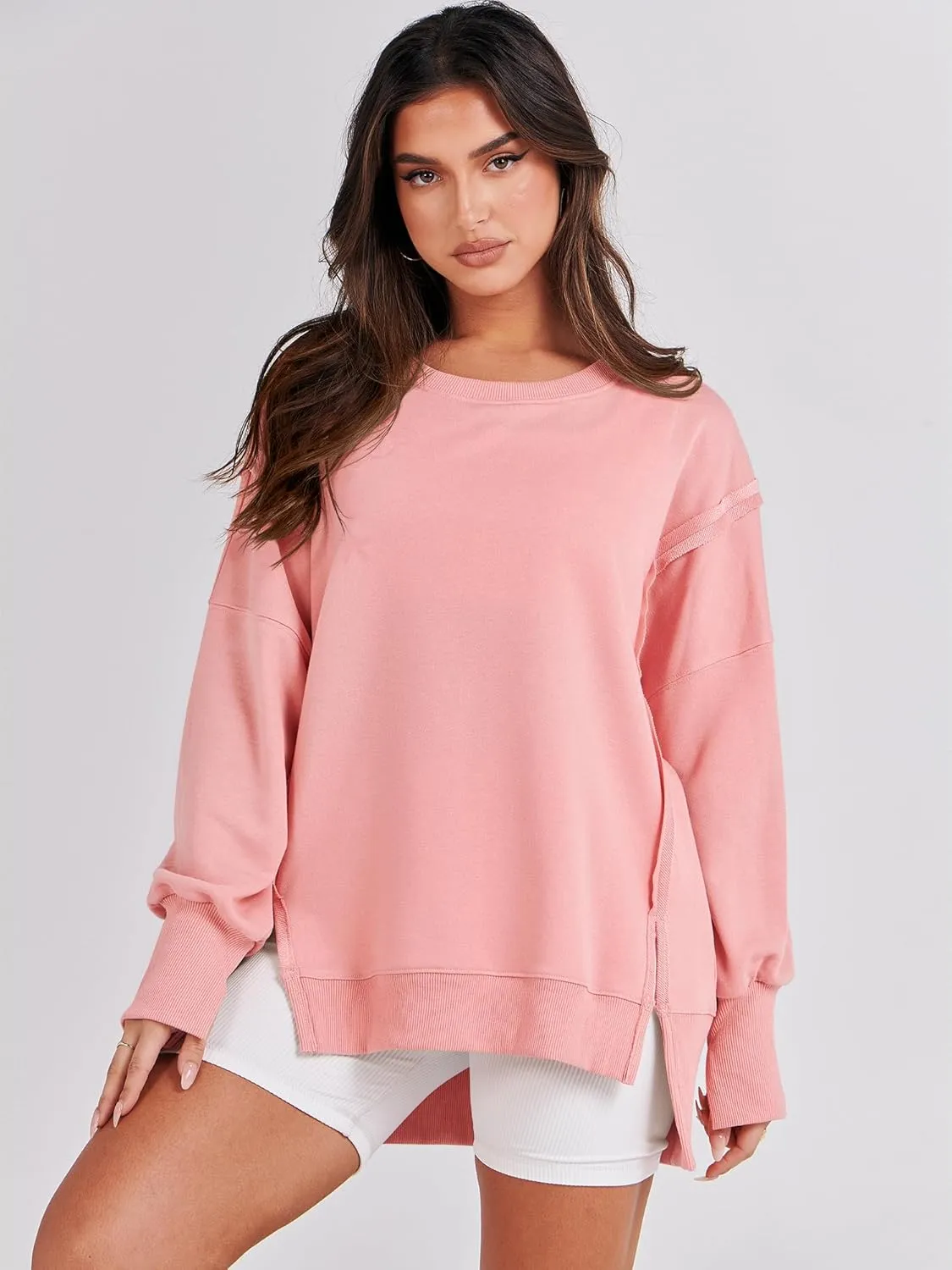 ANRABESS Women's Oversized Sweatshirts Crew Neck Long Sleeve Shirts Casual Loose Slit 2025 Fall Clothes