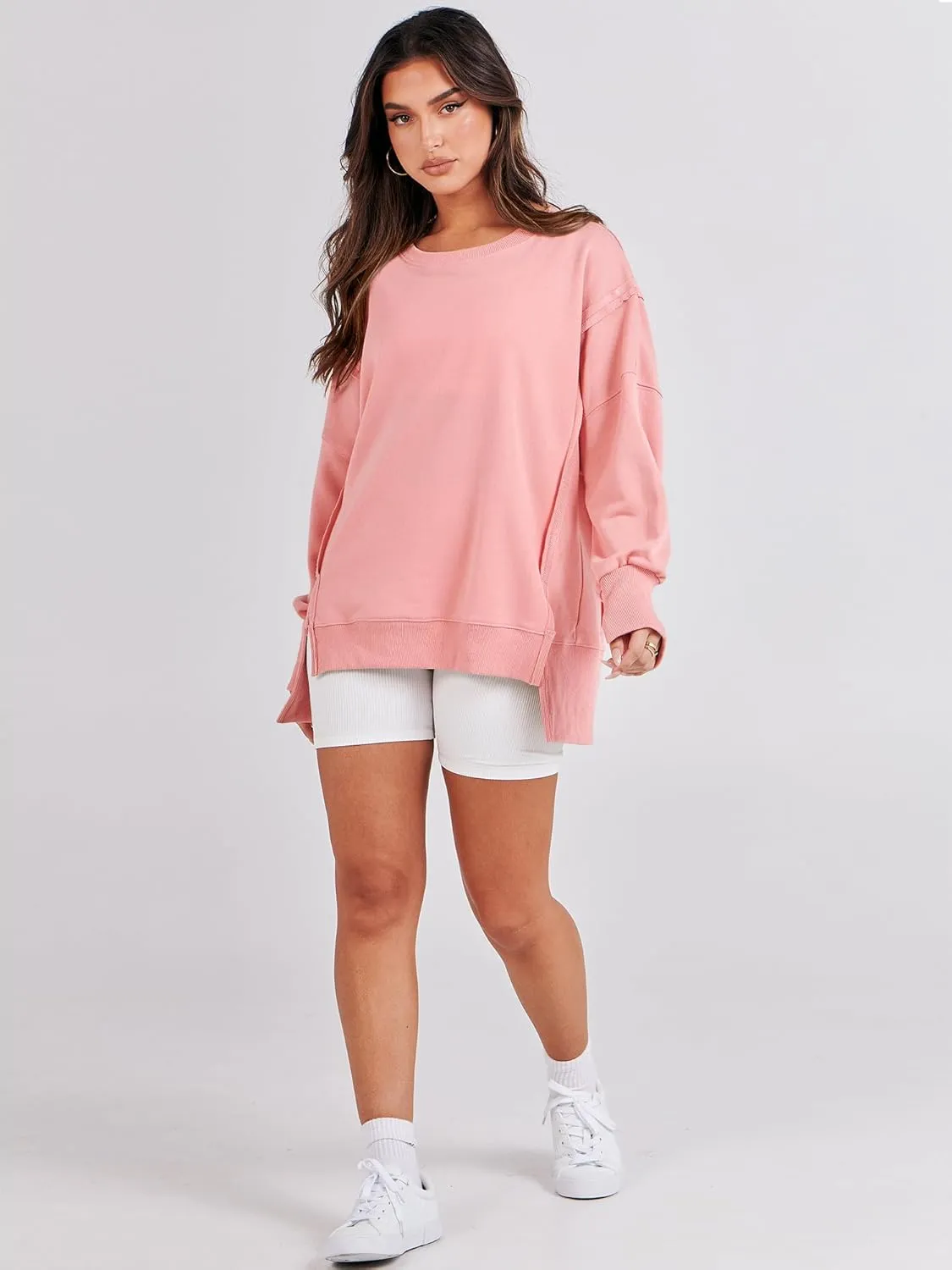 ANRABESS Women's Oversized Sweatshirts Crew Neck Long Sleeve Shirts Casual Loose Slit 2025 Fall Clothes