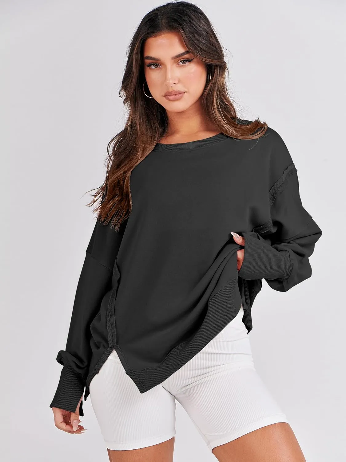 ANRABESS Women's Oversized Sweatshirts Crew Neck Long Sleeve Shirts Casual Loose Slit 2025 Fall Clothes