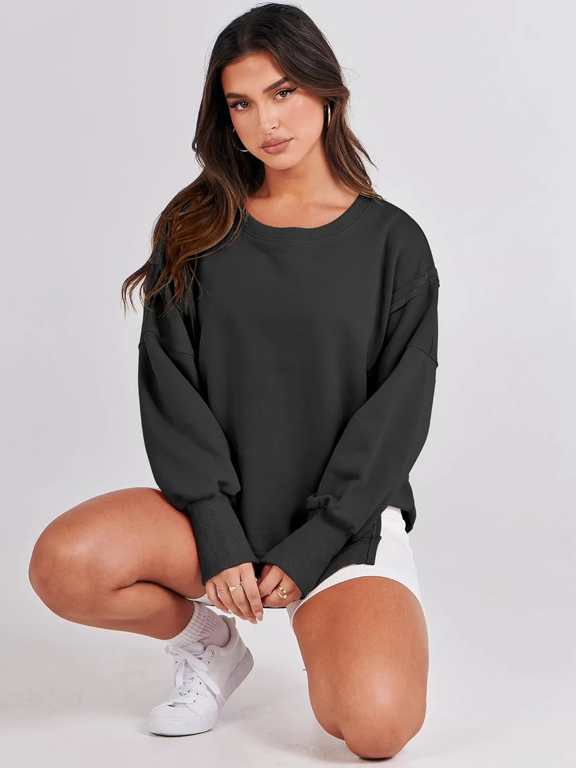 ANRABESS Women's Oversized Sweatshirts Crew Neck Long Sleeve Shirts Casual Loose Slit 2025 Fall Clothes