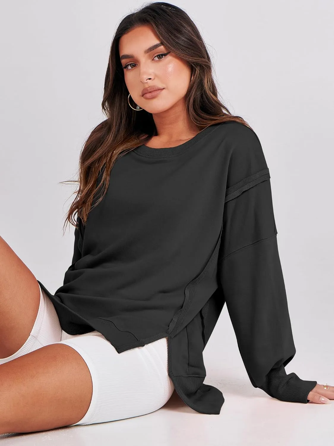 ANRABESS Women's Oversized Sweatshirts Crew Neck Long Sleeve Shirts Casual Loose Slit 2025 Fall Clothes