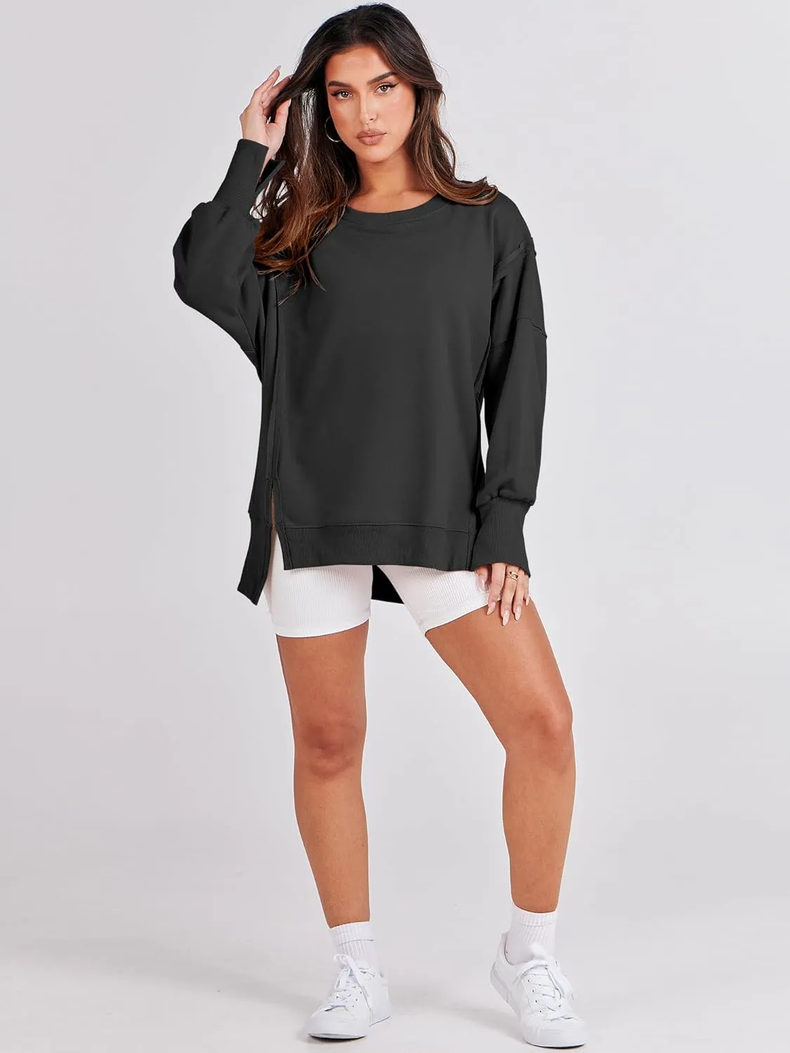ANRABESS Women's Oversized Sweatshirts Crew Neck Long Sleeve Shirts Casual Loose Slit 2025 Fall Clothes