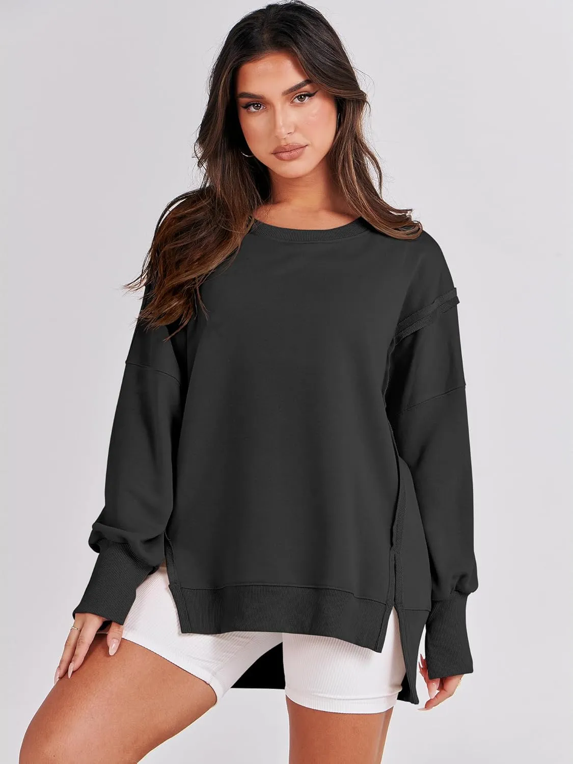 ANRABESS Women's Oversized Sweatshirts Crew Neck Long Sleeve Shirts Casual Loose Slit 2025 Fall Clothes