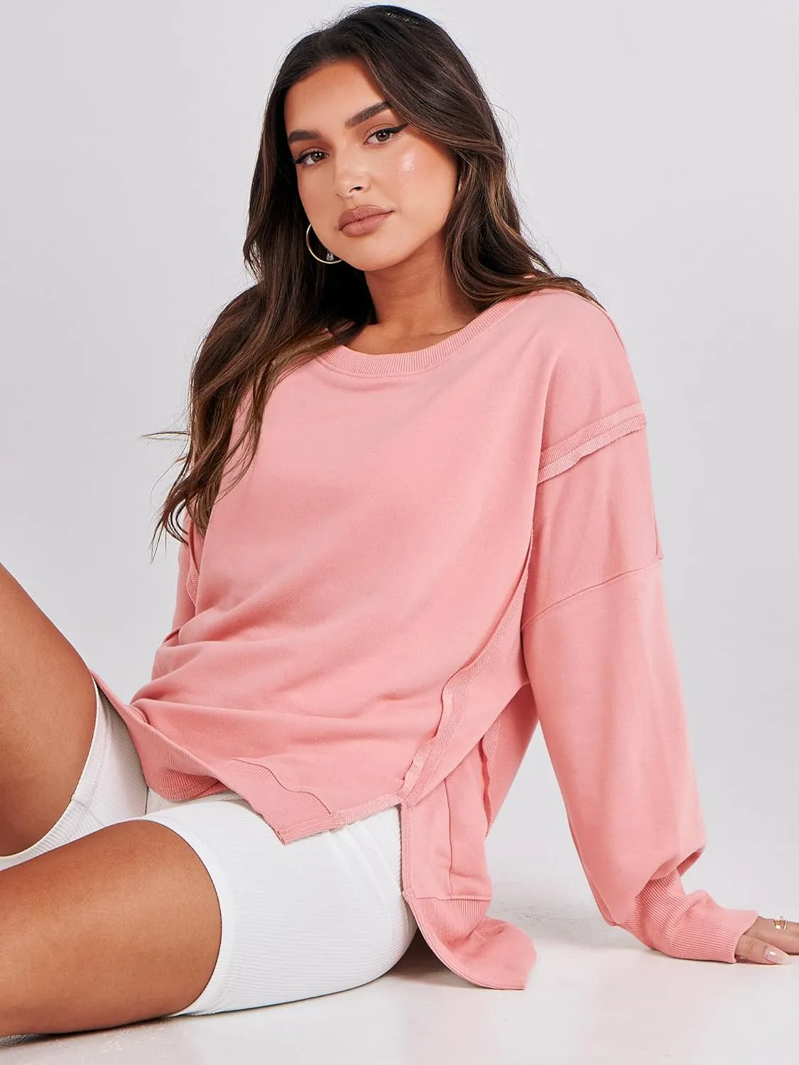 ANRABESS Women's Oversized Sweatshirts Crew Neck Long Sleeve Shirts Casual Loose Slit 2025 Fall Clothes