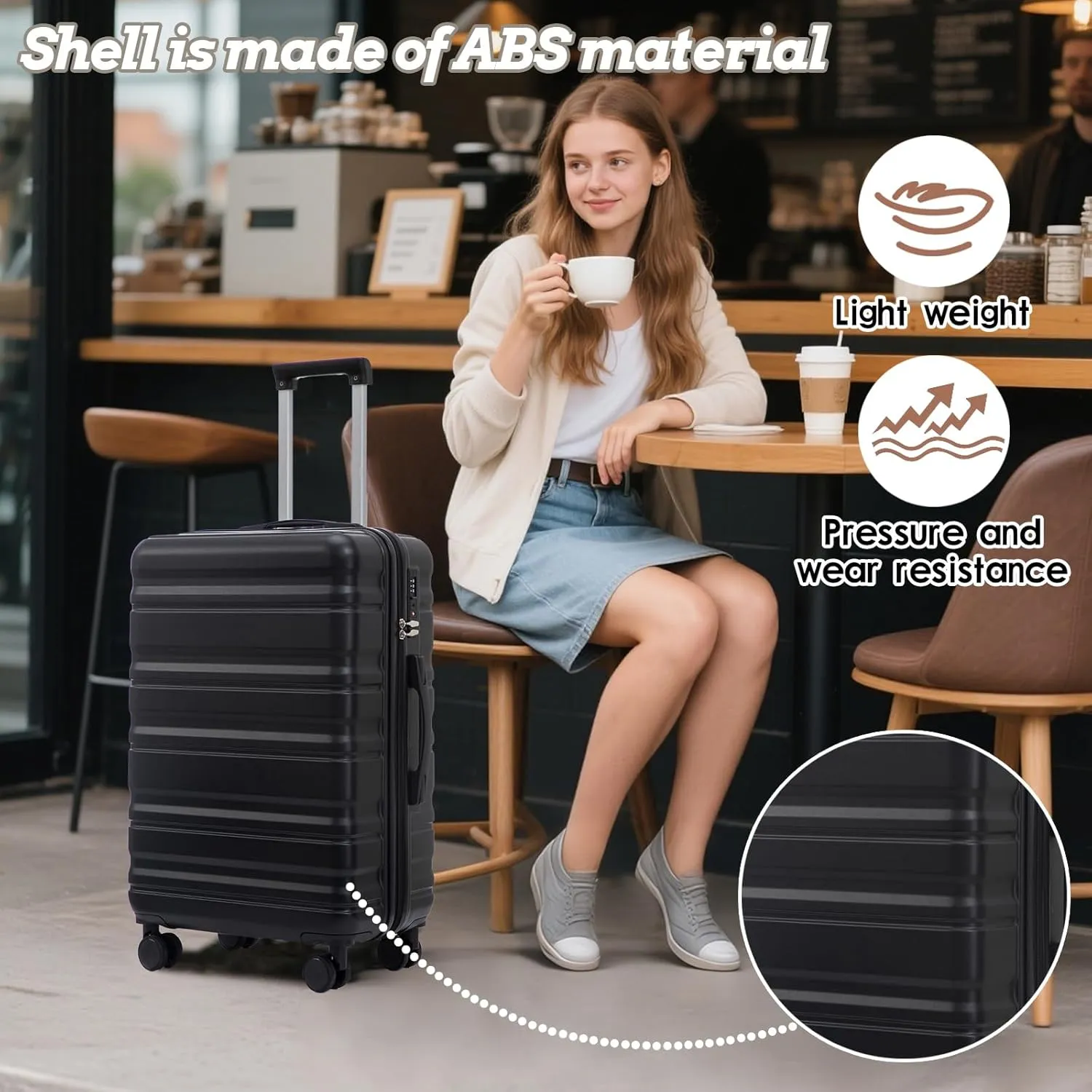 Anwick 3 Luggage Sets with Spinner Wheels, Lightweight Expandable Travel Hard Shell Suitcases, ABS Hardshell Suitcase with TSA Combination Lock, 20"/24"/28" (Black)