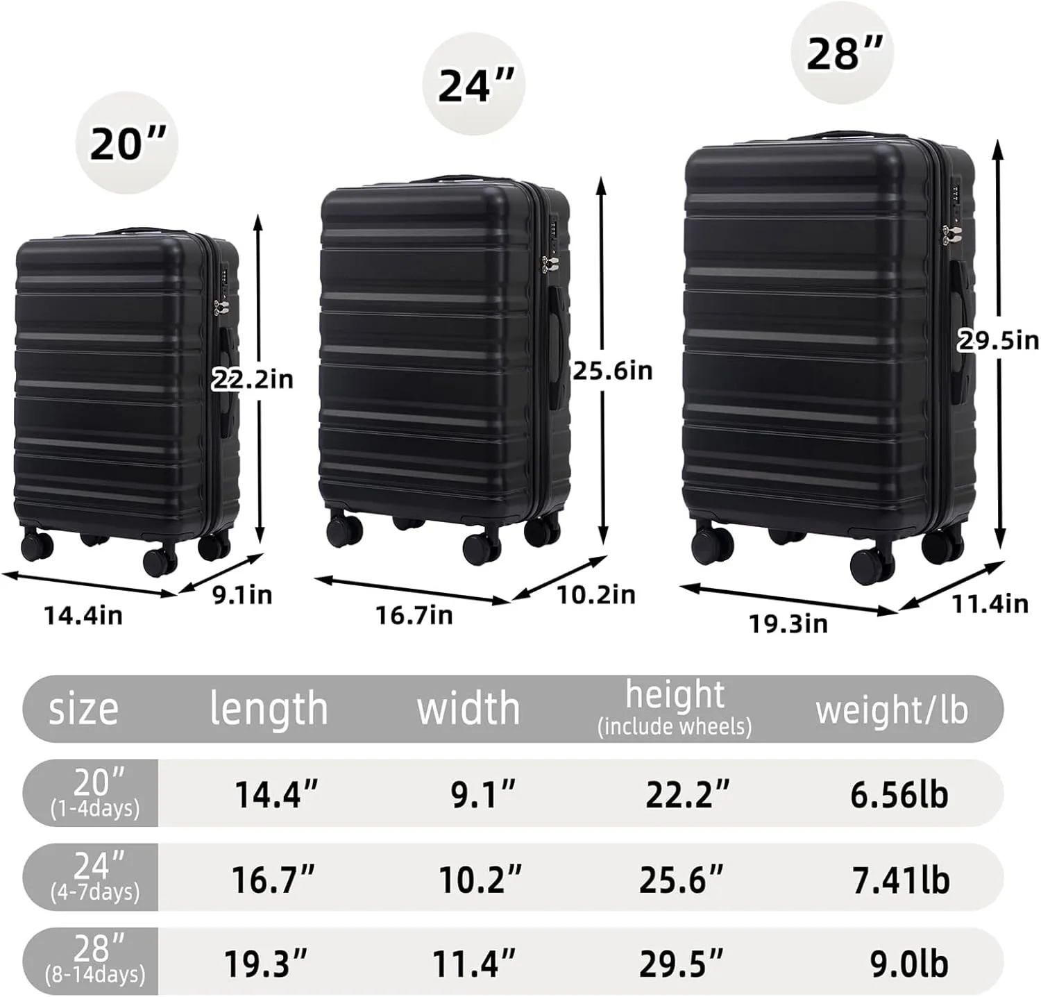 Anwick 3 Luggage Sets with Spinner Wheels, Lightweight Expandable Travel Hard Shell Suitcases, ABS Hardshell Suitcase with TSA Combination Lock, 20"/24"/28" (Black)