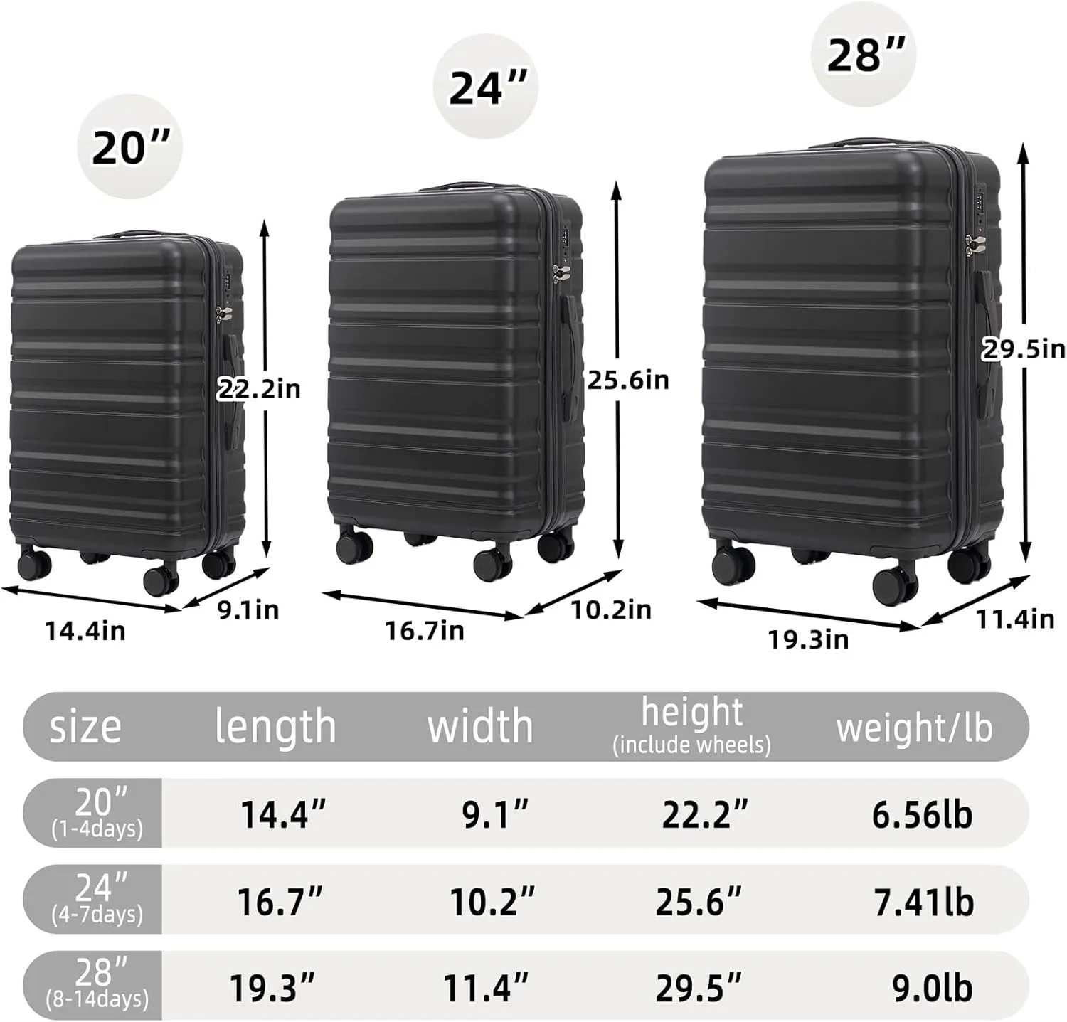 Anwick 3 Luggage Sets with Spinner Wheels, Lightweight Expandable Travel Hard Shell Suitcases, ABS Hardshell Suitcase with TSA Combination Lock, 20"/24"/28" (Dark Gray)