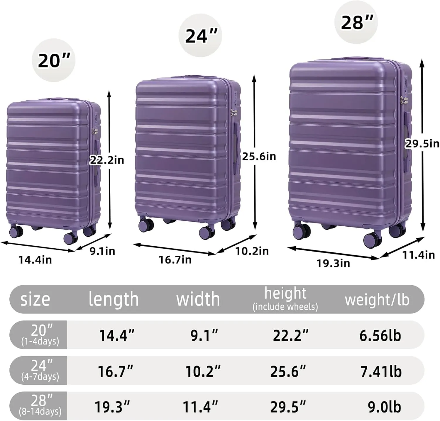 Anwick 3 Luggage Sets with Spinner Wheels, Lightweight Expandable Travel Hard Shell Suitcases, ABS Hardshell Suitcase with TSA Combination Lock, 20"/24"/28" (Purple)
