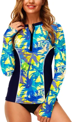 AOBUTE Women Zip Rash Guard UPF 50  Surf Swim Shirts with Thumb Hole