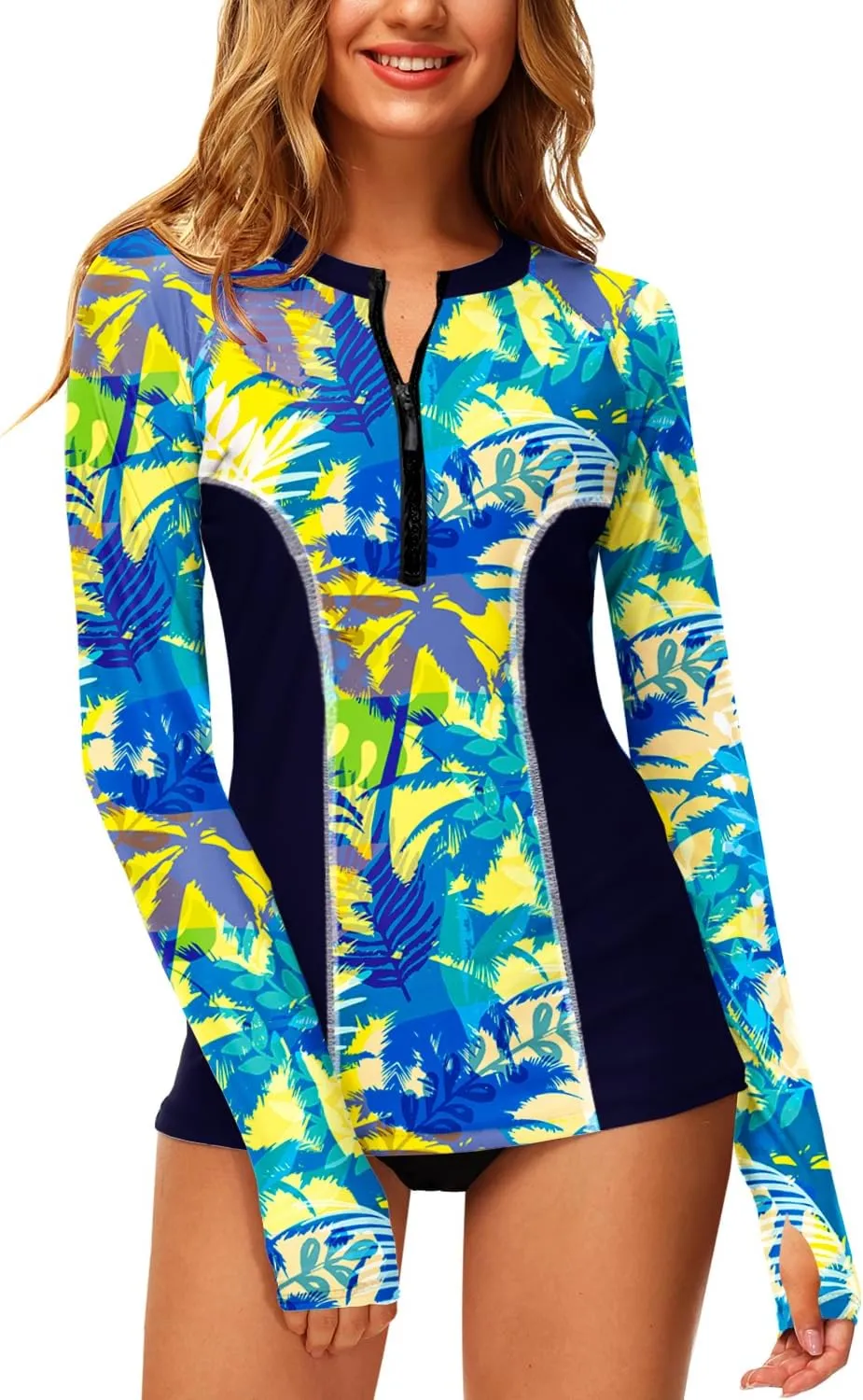 AOBUTE Women Zip Rash Guard UPF 50  Surf Swim Shirts with Thumb Hole