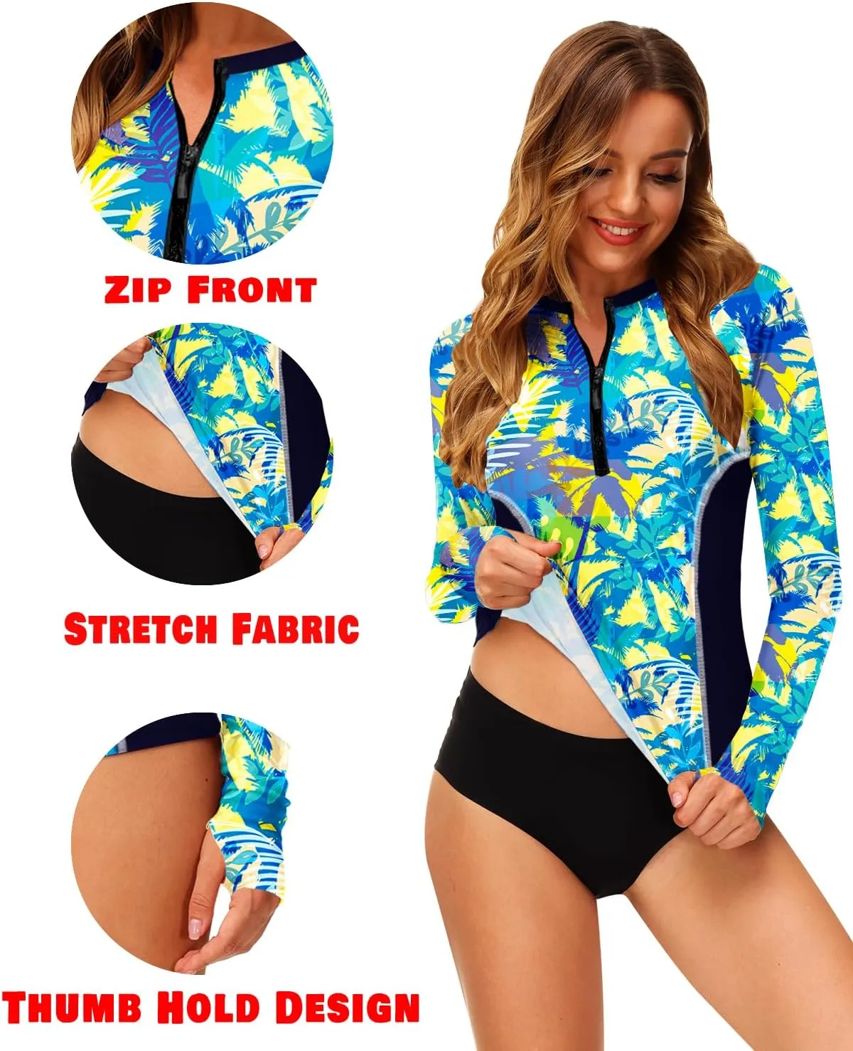 AOBUTE Women Zip Rash Guard UPF 50  Surf Swim Shirts with Thumb Hole