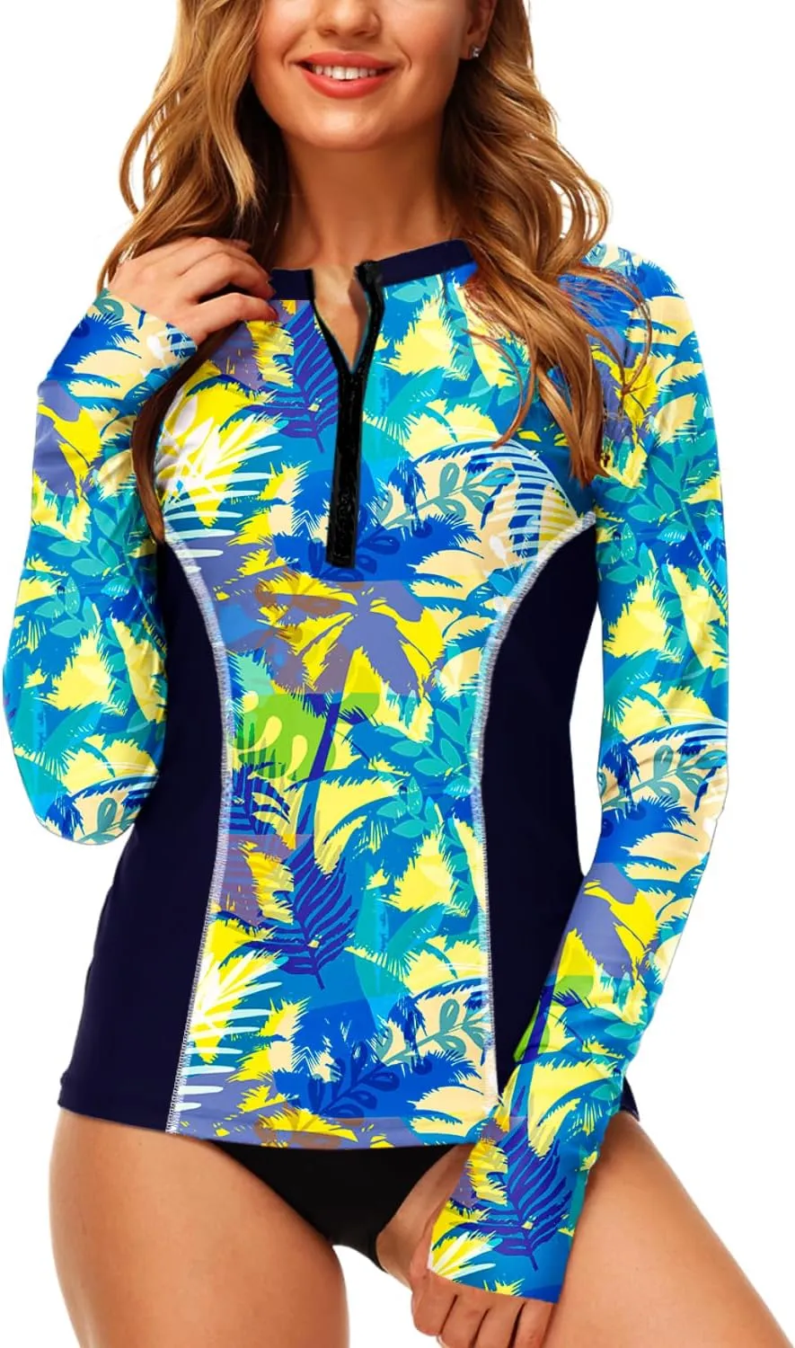 AOBUTE Women Zip Rash Guard UPF 50  Surf Swim Shirts with Thumb Hole