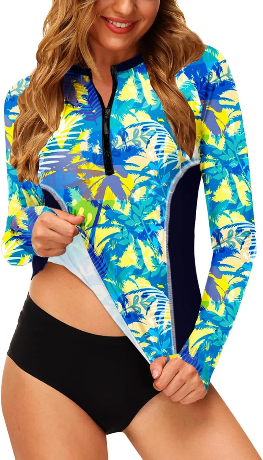 AOBUTE Women Zip Rash Guard UPF 50  Surf Swim Shirts with Thumb Hole