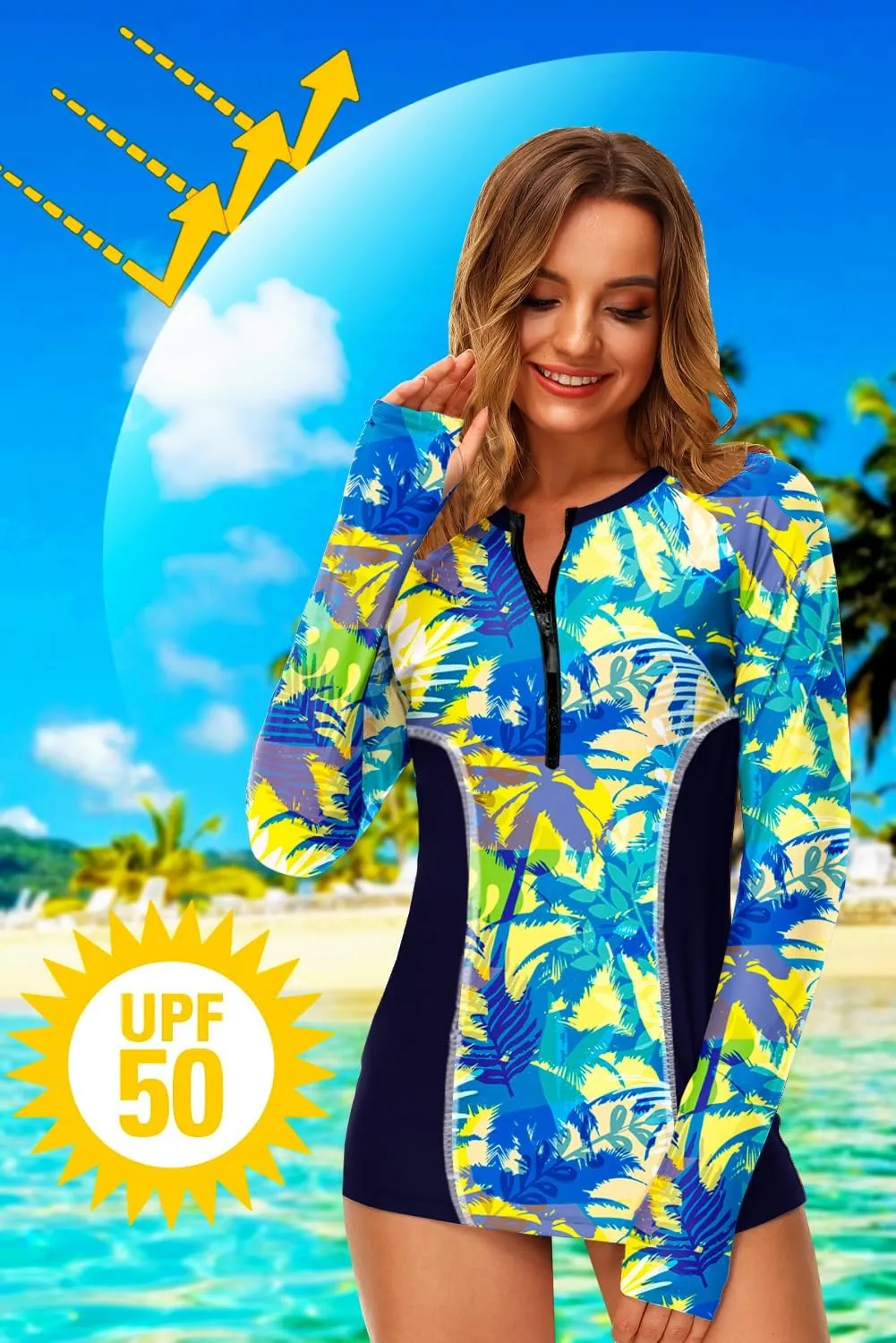 AOBUTE Women Zip Rash Guard UPF 50  Surf Swim Shirts with Thumb Hole