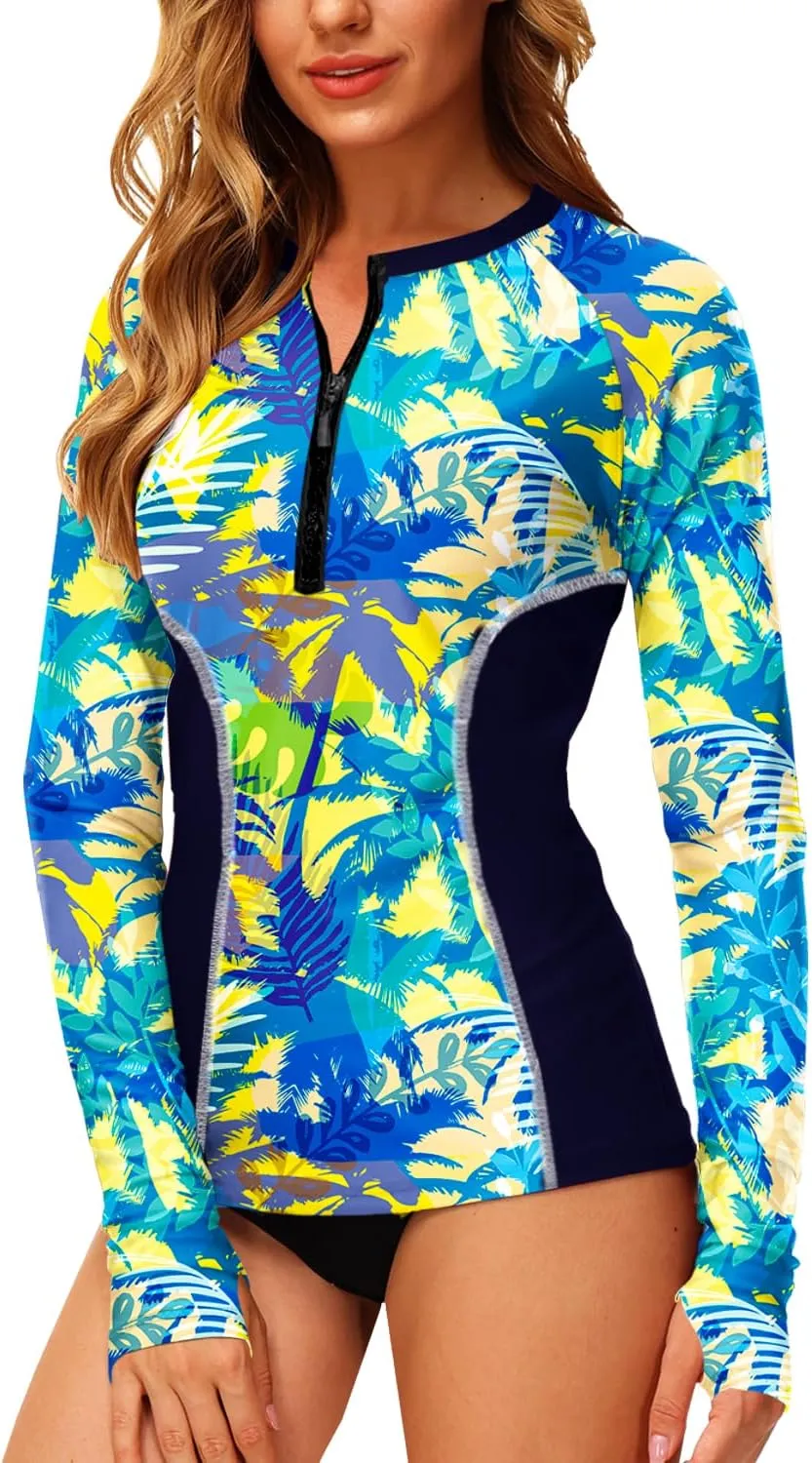 AOBUTE Women Zip Rash Guard UPF 50  Surf Swim Shirts with Thumb Hole