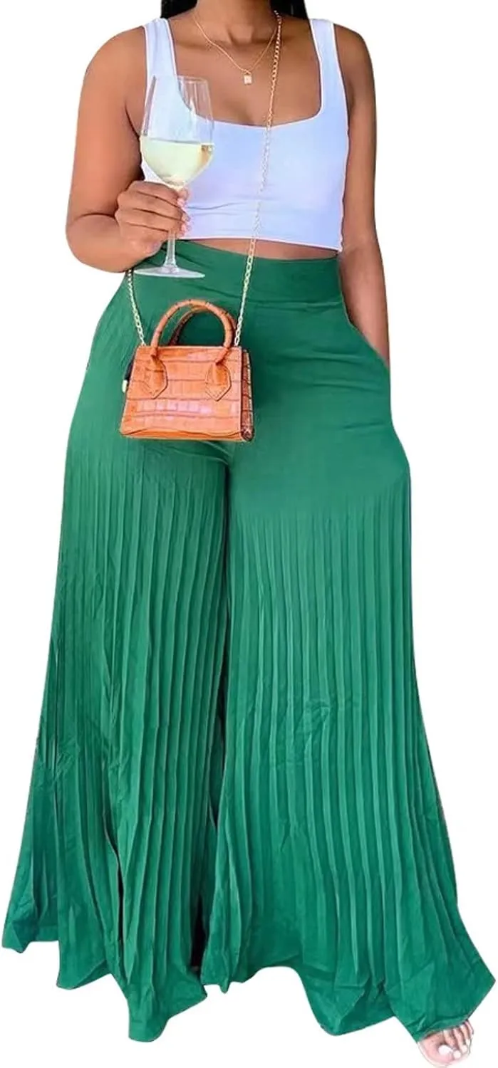 Aro Lora Womens High Waist Casual Pleated Wide Leg Long Palazzo Pants Trousers