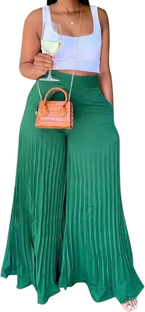 Aro Lora Womens High Waist Casual Pleated Wide Leg Long Palazzo Pants Trousers
