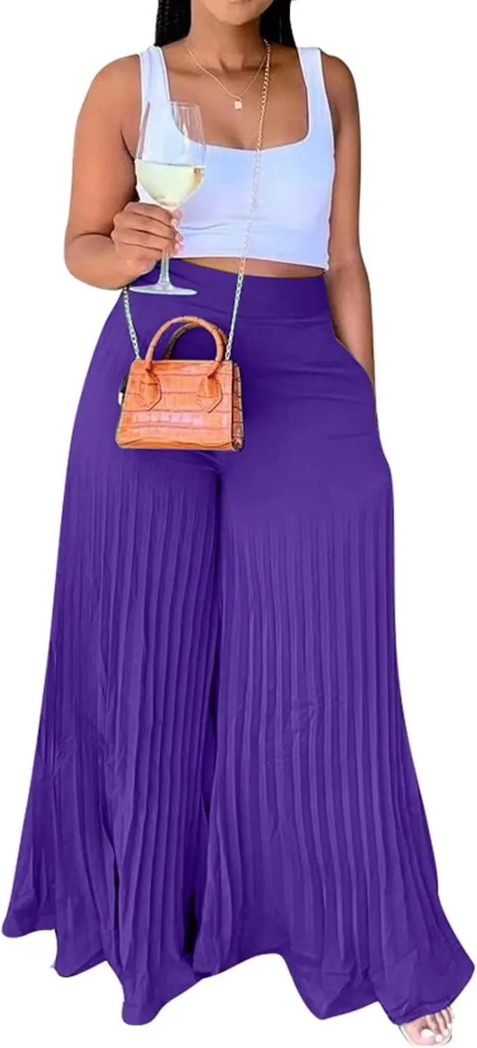 Aro Lora Womens High Waist Casual Pleated Wide Leg Long Palazzo Pants Trousers