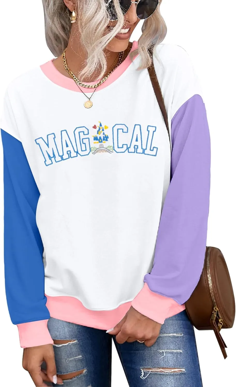 ASTANFY Magic Kingdom Sweatshirt Women Magical Castle Embroidered long Sleeve Shirt Cute Family Vacation Pullover Tops